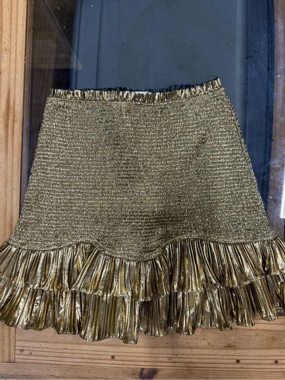 LoveShackFancy Metallic Gold Ruffle Hem Mini Skirt